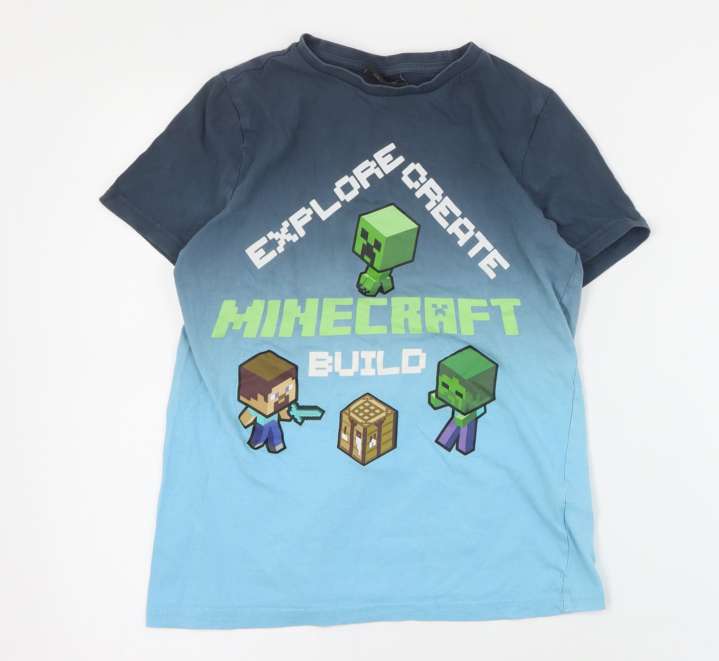 F&F Boys Blue  Cotton Pullover T-Shirt Size 9-10 Years Crew Neck Pullover - Minecraft