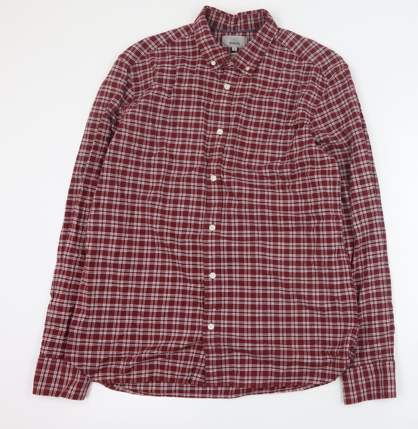 Marks and Spencer Mens Red Plaid Cotton  Button-Up Size L Collared Button
