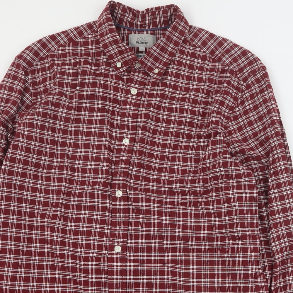 Marks and Spencer Mens Red Plaid Cotton  Button-Up Size L Collared Button