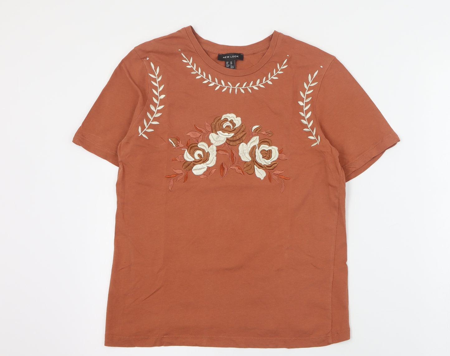 New Look Womens Brown  Cotton Basic T-Shirt Size 10 Crew Neck