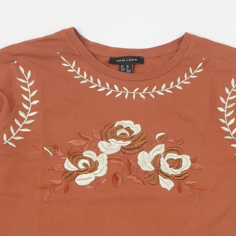 New Look Womens Brown  Cotton Basic T-Shirt Size 10 Crew Neck