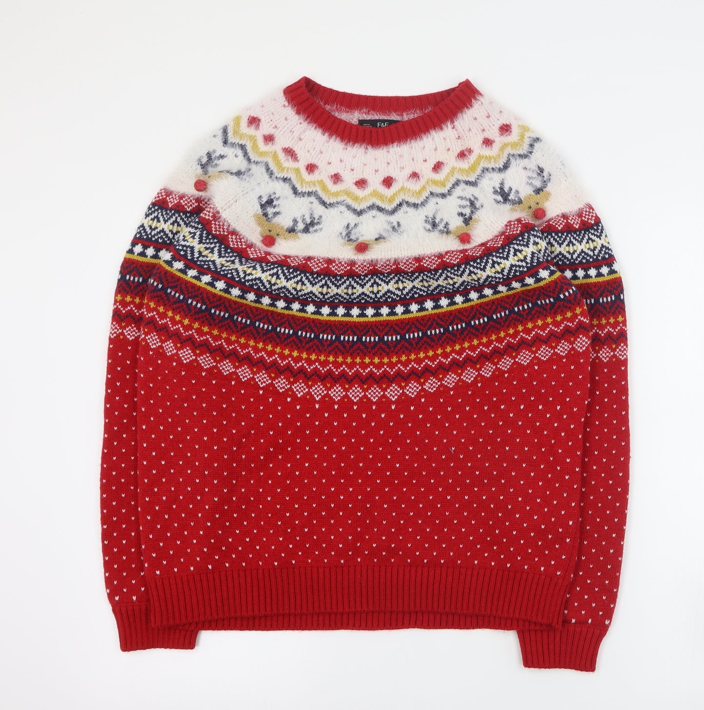 F&F Womens Red Round Neck Fair Isle Polyester Pullover Jumper Size 12   - Christmas