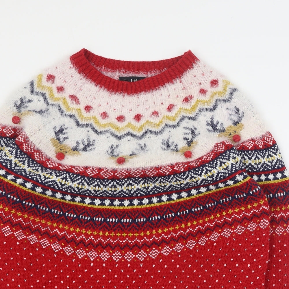 F&F Womens Red Round Neck Fair Isle Polyester Pullover Jumper Size 12   - Christmas