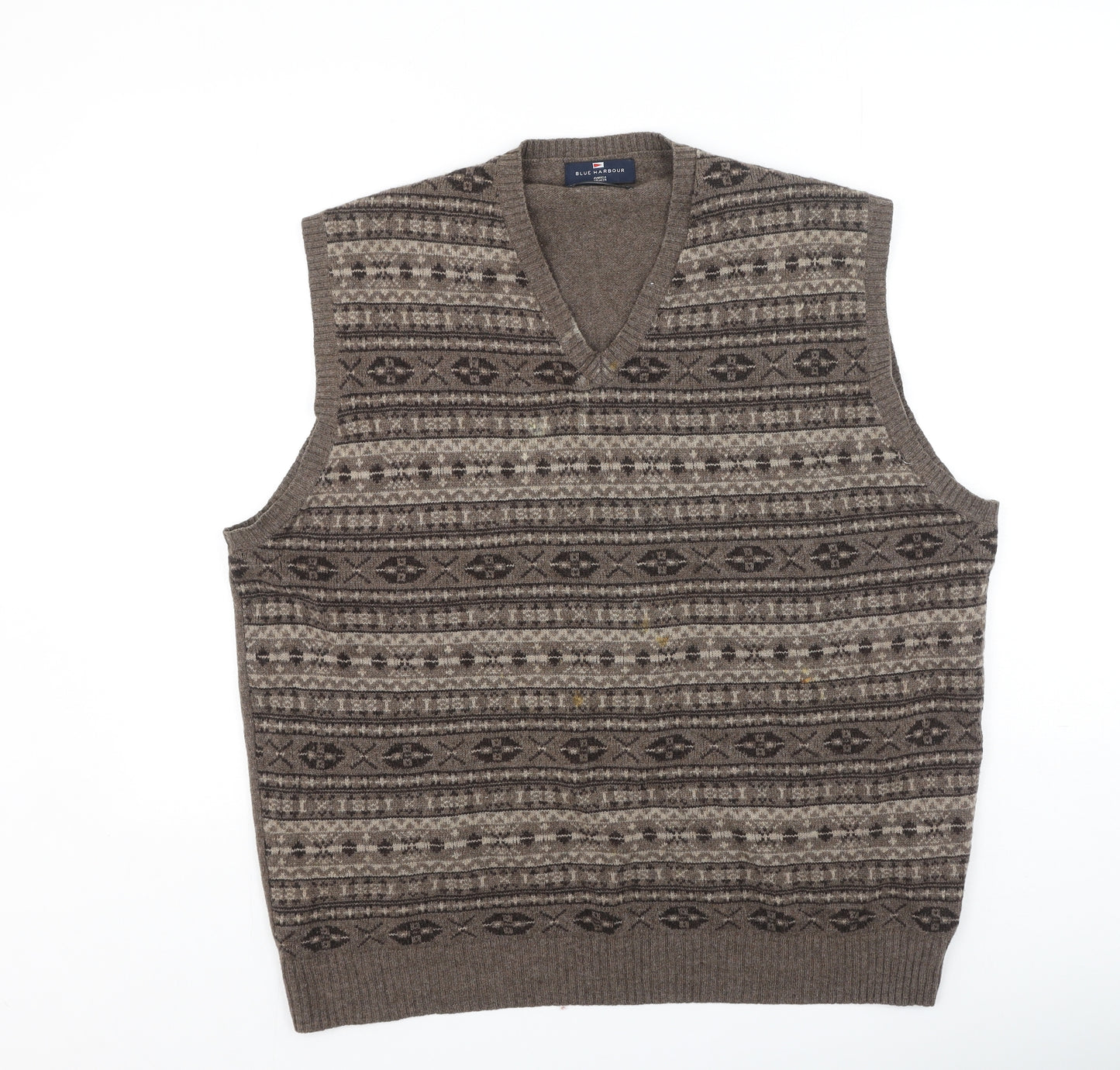 Marks and Spencer Mens Brown V-Neck Geometric Cotton Pullover Jumper Size XL