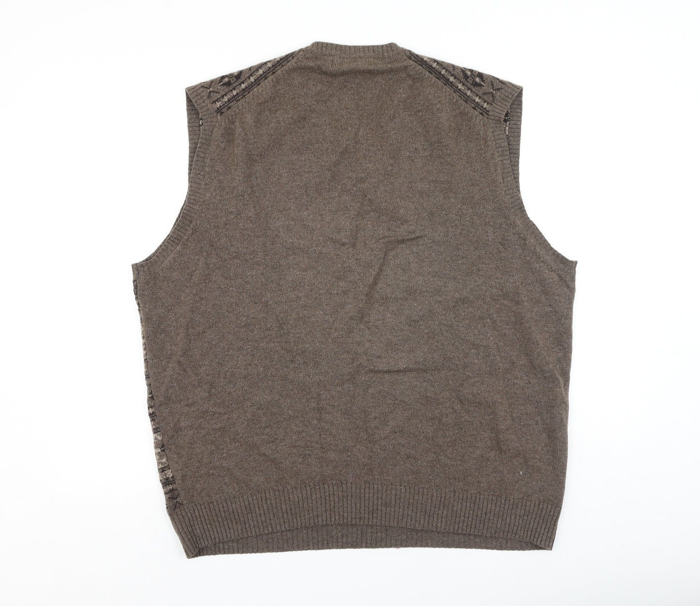 Marks and Spencer Mens Brown V-Neck Geometric Cotton Pullover Jumper Size XL