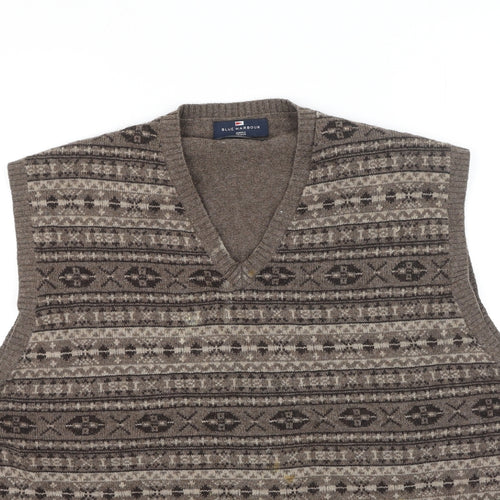 Marks and Spencer Mens Brown V-Neck Geometric Cotton Pullover Jumper Size XL
