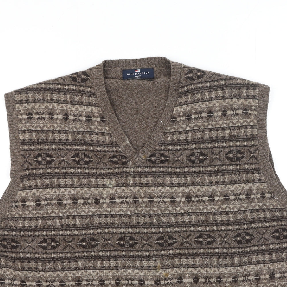 Marks and Spencer Mens Brown V-Neck Geometric Cotton Pullover Jumper Size XL