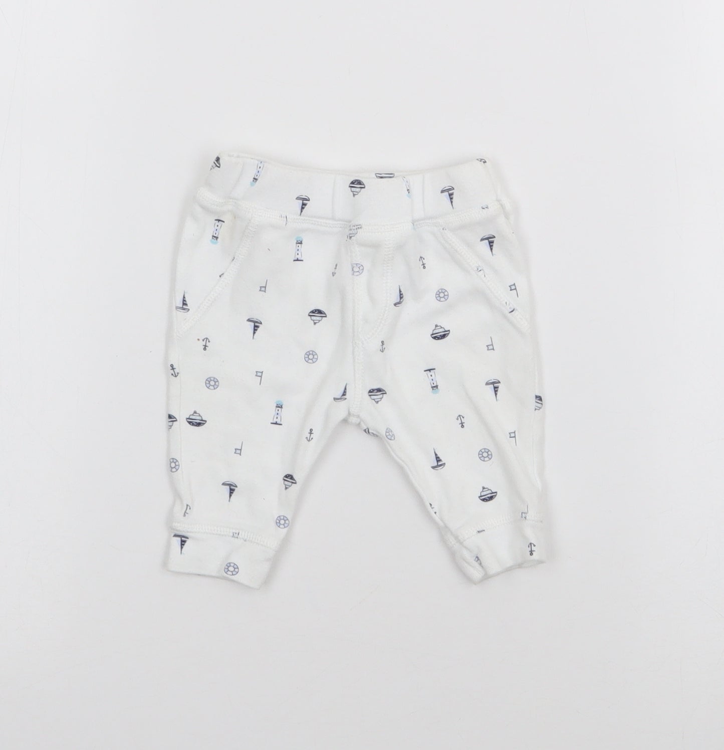 TU Baby White Geometric Cotton Jogger Trousers Size Newborn