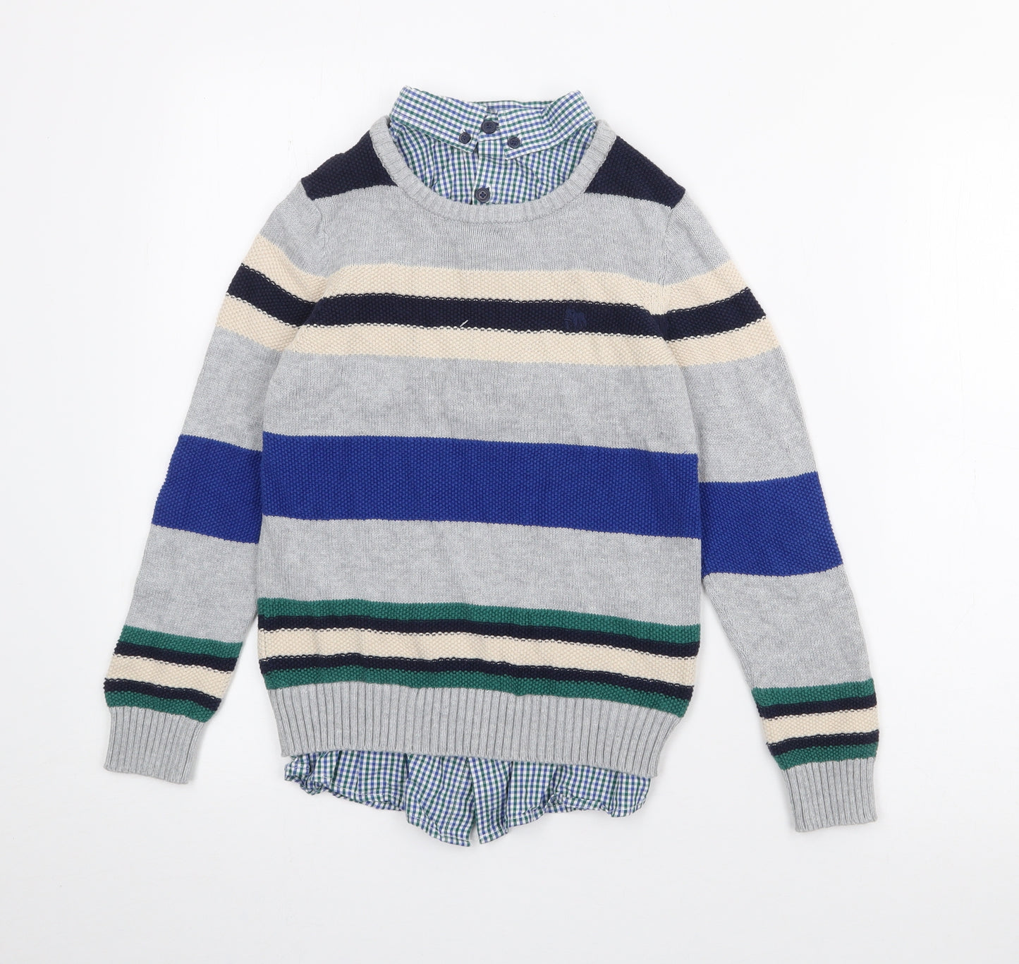 Jasper Conran Boys Grey Collared Striped Cotton Pullover Jumper Size 9-10 Years  Button