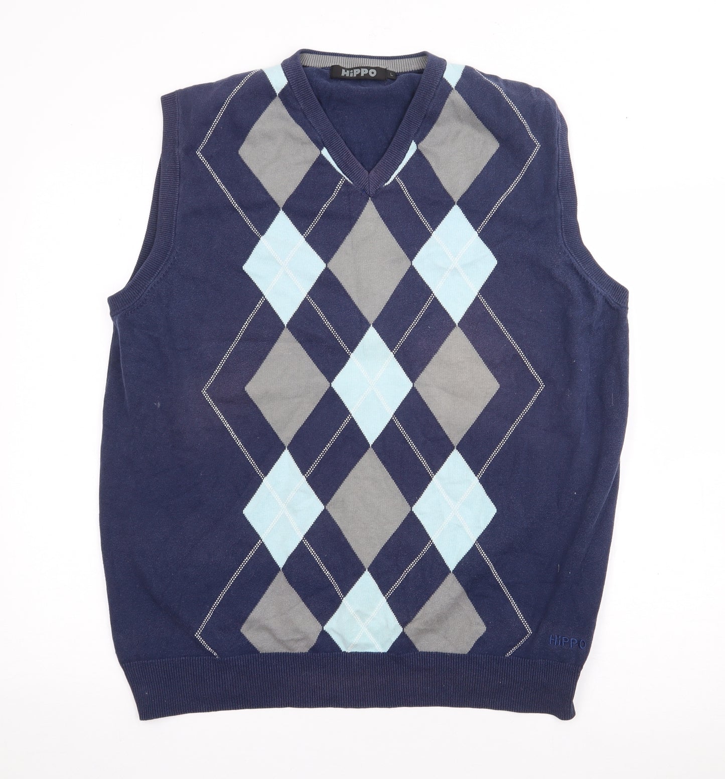 Hippo Mens Blue V-Neck Argyle/Diamond Cotton Pullover Jumper Size L