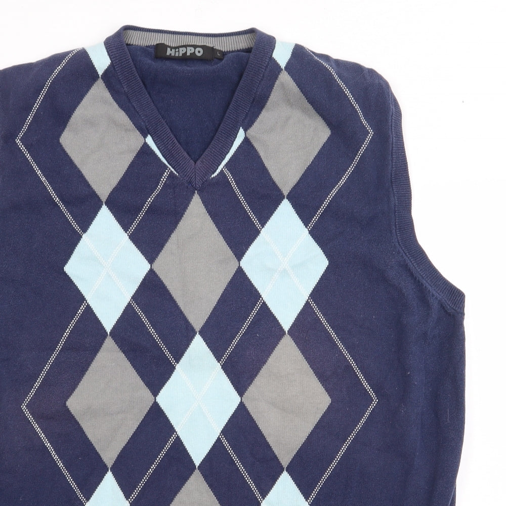 Hippo Mens Blue V-Neck Argyle/Diamond Cotton Pullover Jumper Size L