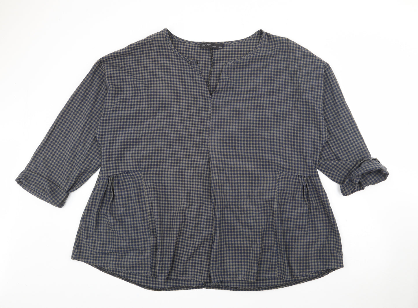 Zanzea Womens Blue V-Neck Plaid Cotton Pullover Jumper Size 4XL