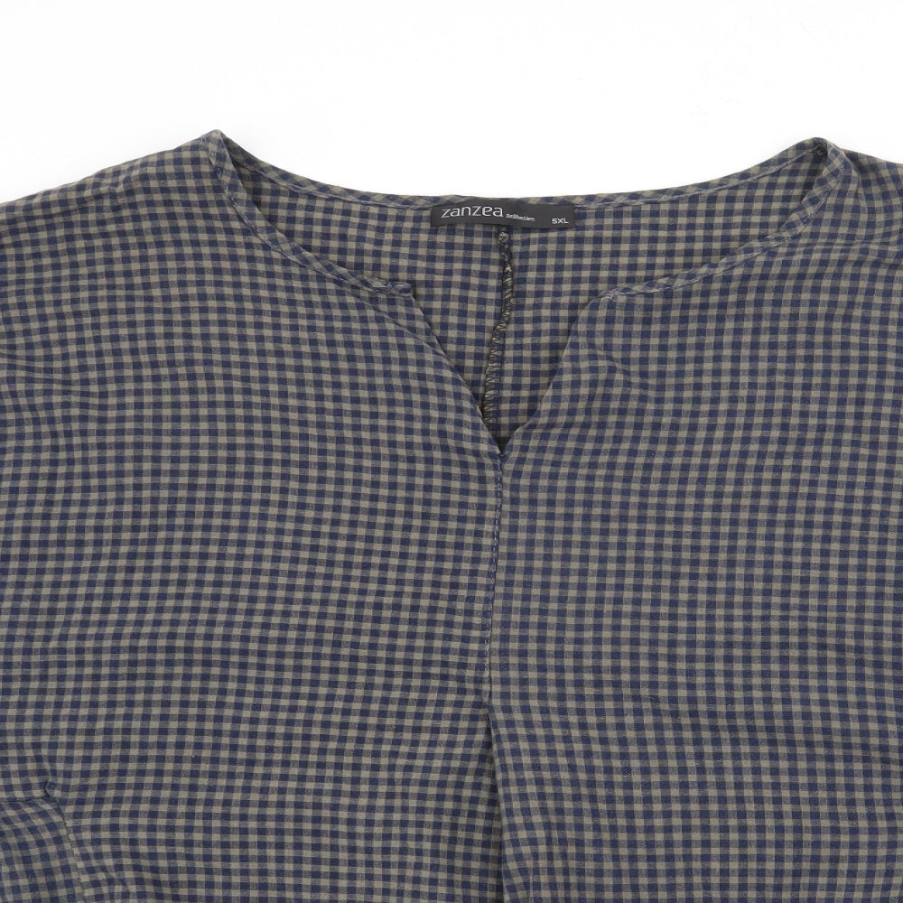Zanzea Womens Blue V-Neck Plaid Cotton Pullover Jumper Size 4XL