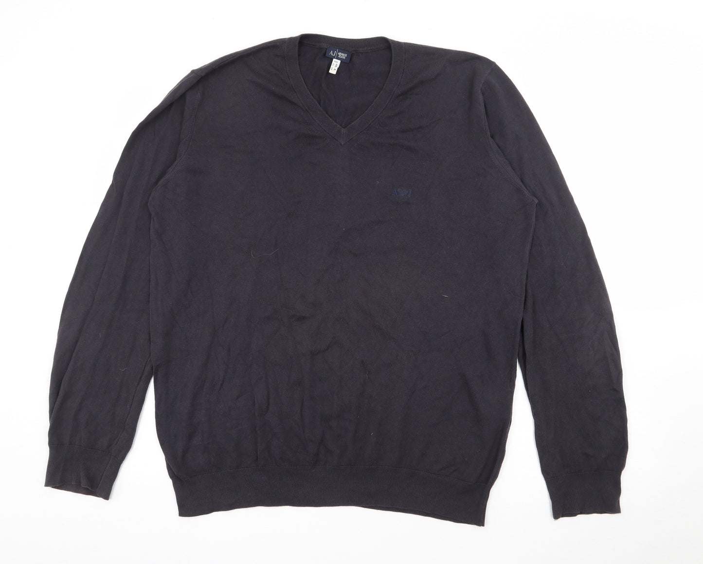 Armani Jeans Mens Grey V-Neck  Cotton Pullover Jumper Size 2XL