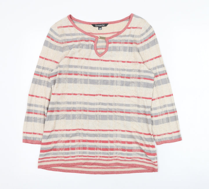 Bonmarché Womens Beige Round Neck Striped Viscose Pullover Jumper Size 12
