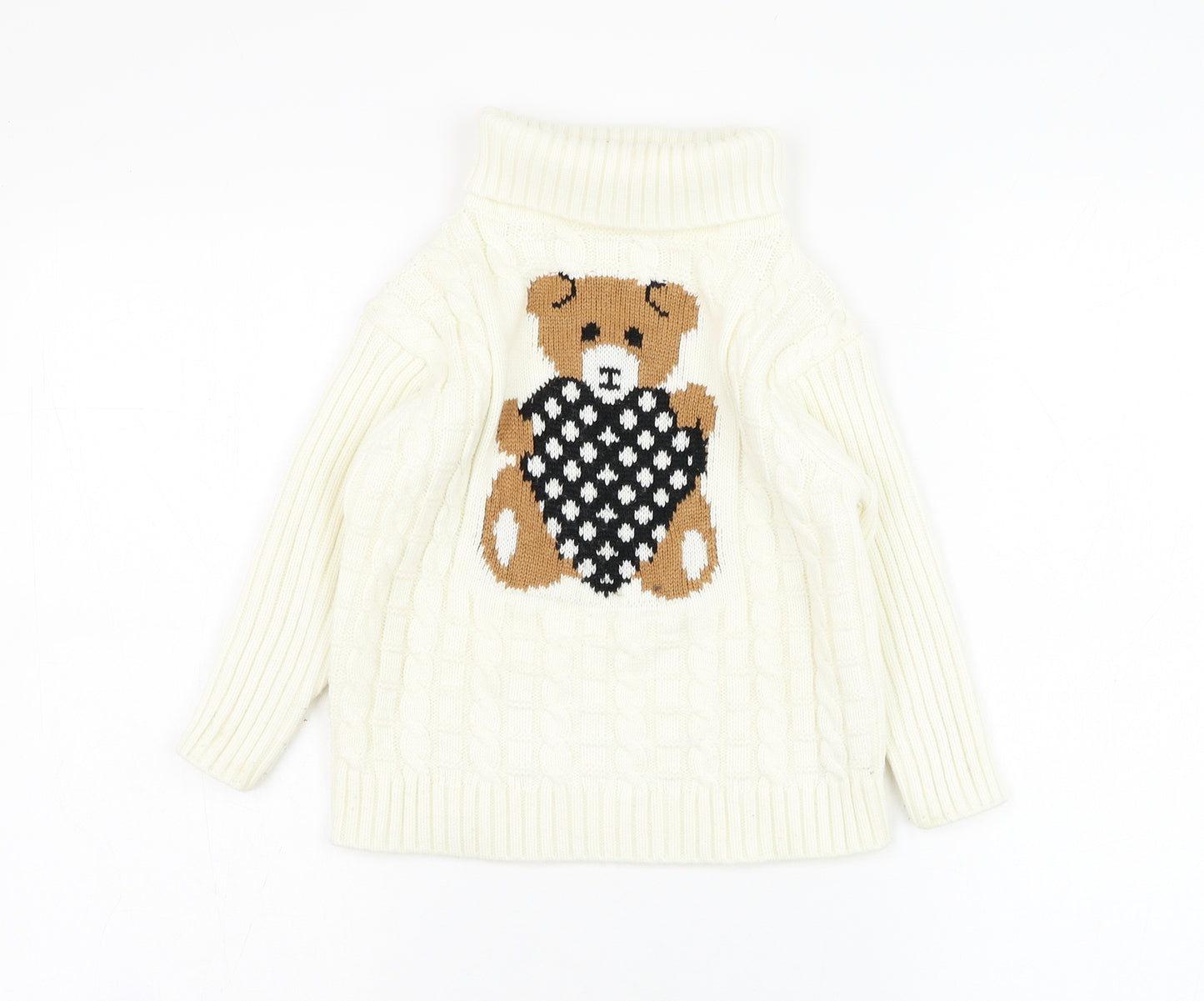 Preworn Girls White Roll Neck  Cotton Pullover Jumper Size 4-5 Years  Pullover - Teddy bear