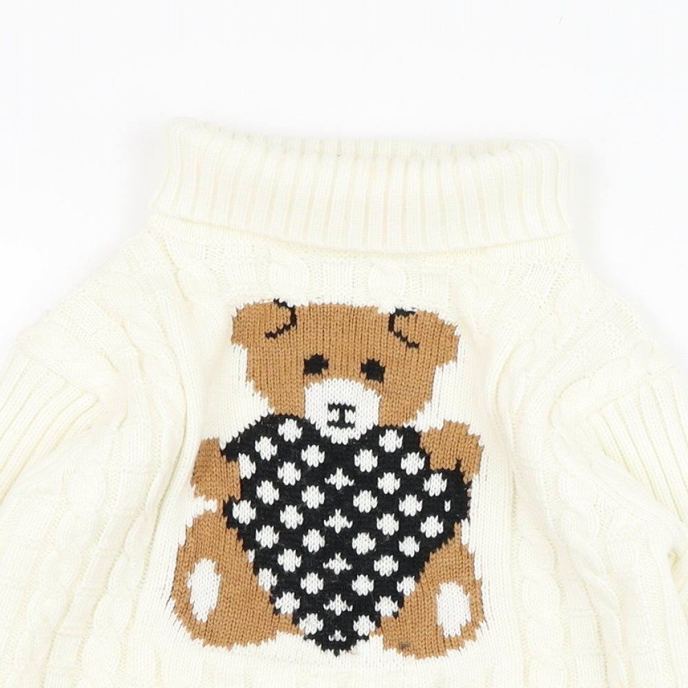 Preworn Girls White Roll Neck  Cotton Pullover Jumper Size 4-5 Years  Pullover - Teddy bear