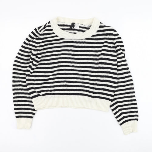 H&M Womens White Round Neck Striped Acrylic Pullover Jumper Size 8