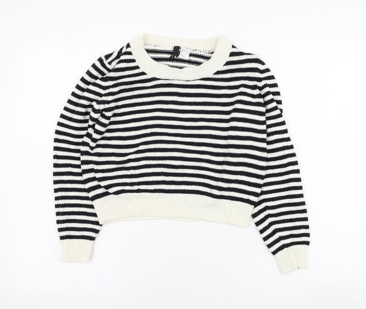 H&M Womens White Round Neck Striped Acrylic Pullover Jumper Size 8