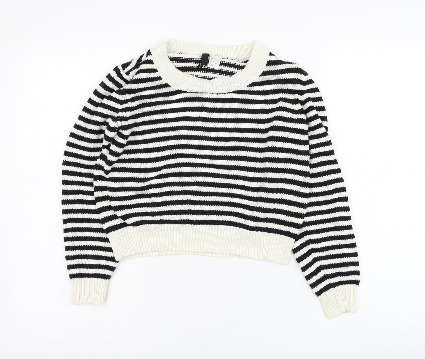 H&M Womens White Round Neck Striped Acrylic Pullover Jumper Size 8