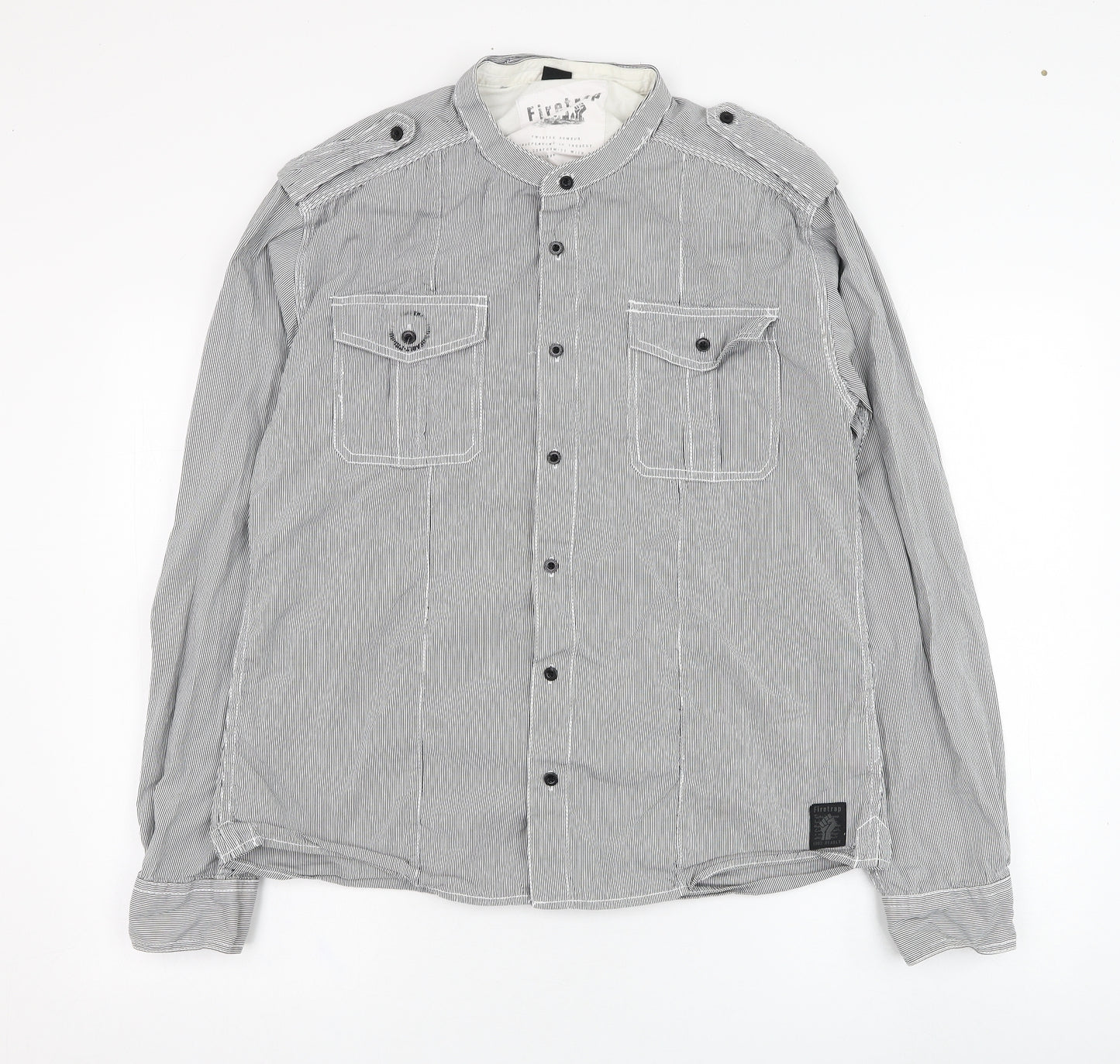 Firetrap Mens Grey Striped Cotton  Button-Up Size XL Round Neck Button