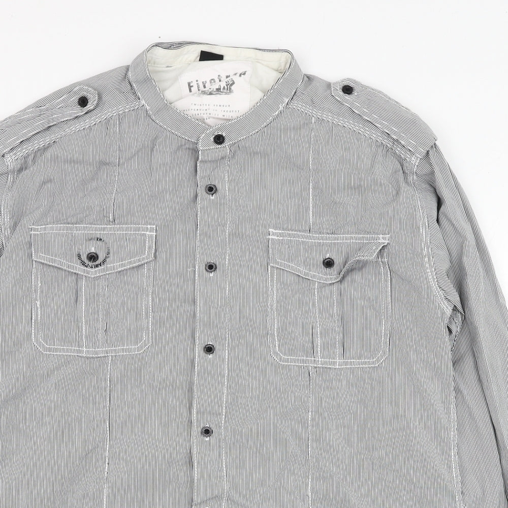 Firetrap Mens Grey Striped Cotton  Button-Up Size XL Round Neck Button