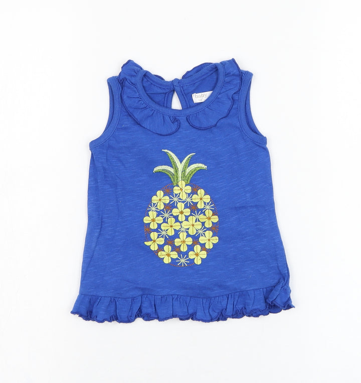 M&Co Girls Blue Cotton Basic Tank Size 9-12 Months Round Neck Pullover - Pineapple