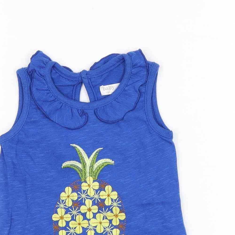 M&Co Girls Blue  Cotton Basic Tank Size 9-12 Months Round Neck Pullover - Pineapple