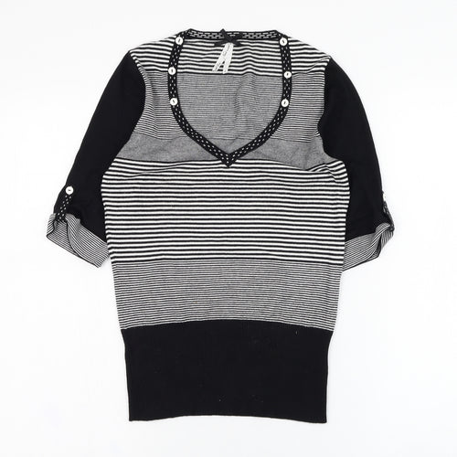 NEXT Womens Black V-Neck Striped Viscose Pullover Jumper Size 8