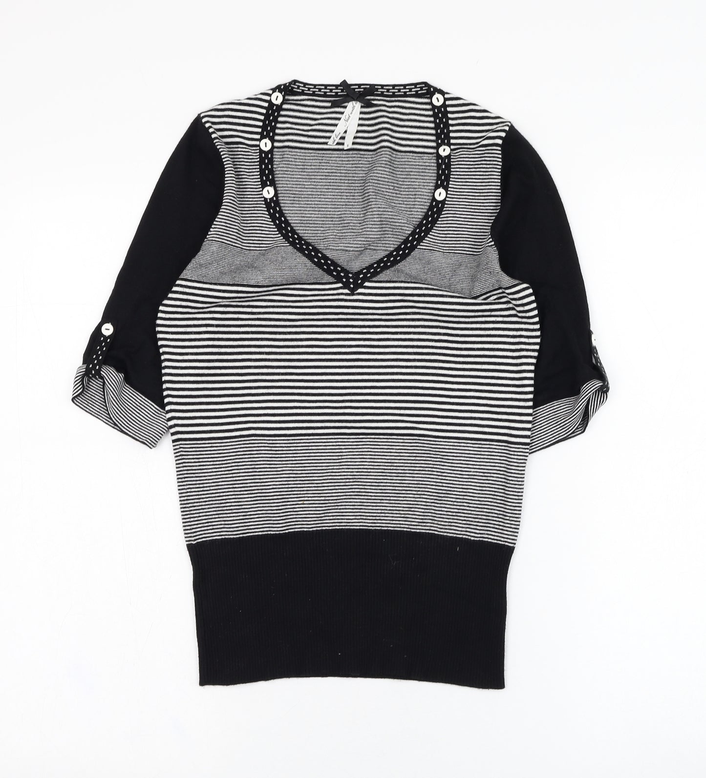 NEXT Womens Black V-Neck Striped Viscose Pullover Jumper Size 8