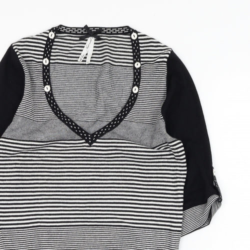 NEXT Womens Black V-Neck Striped Viscose Pullover Jumper Size 8