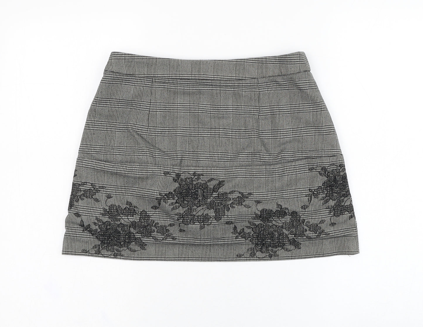 Preworn Womens Grey Check Polyester Mini Skirt Size 28 in   Zip