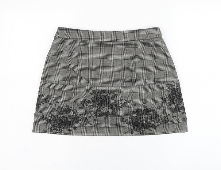 Preworn Womens Grey Check Polyester Mini Skirt Size 28 in   Zip