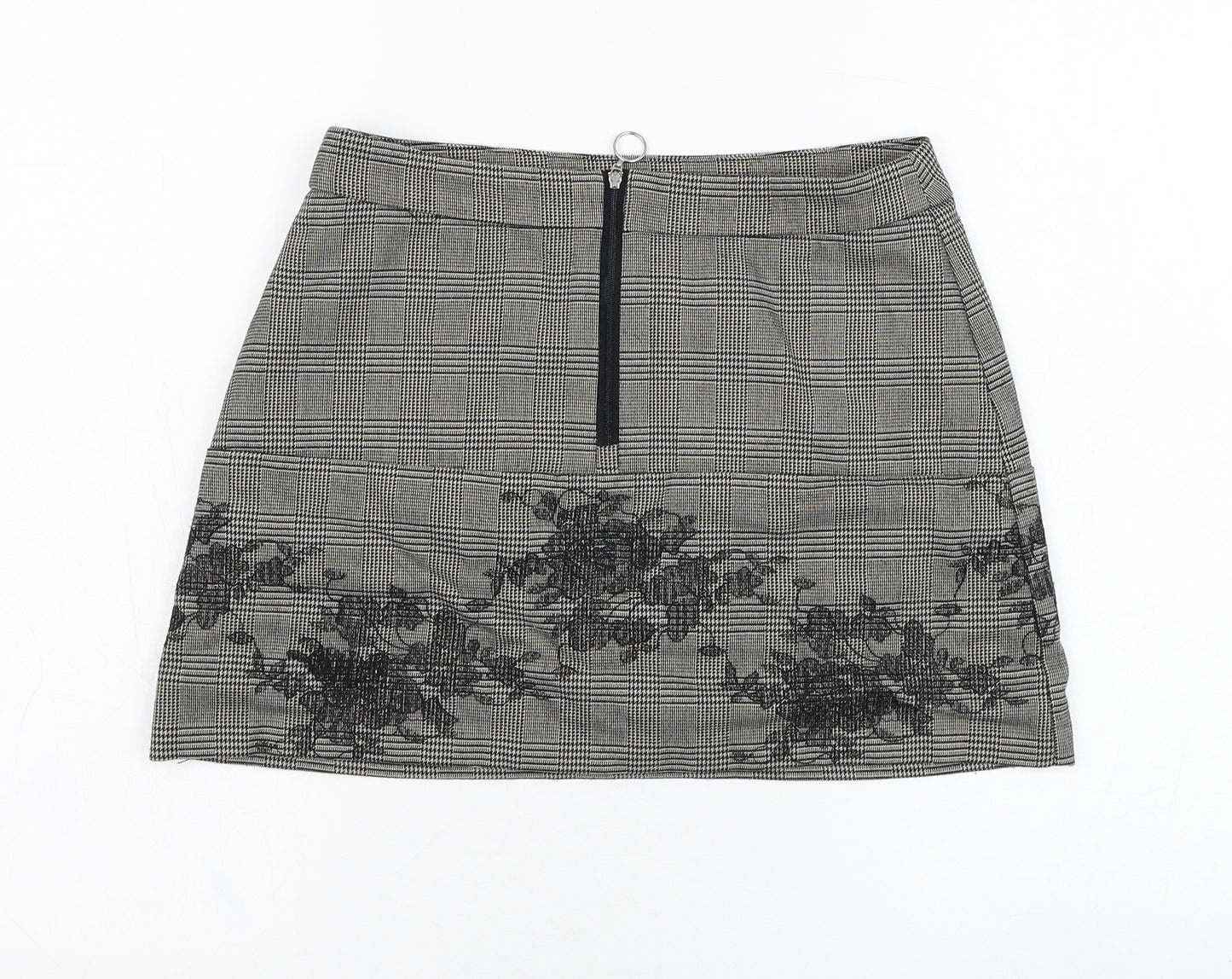 Preworn Womens Grey Check Polyester Mini Skirt Size 28 in   Zip