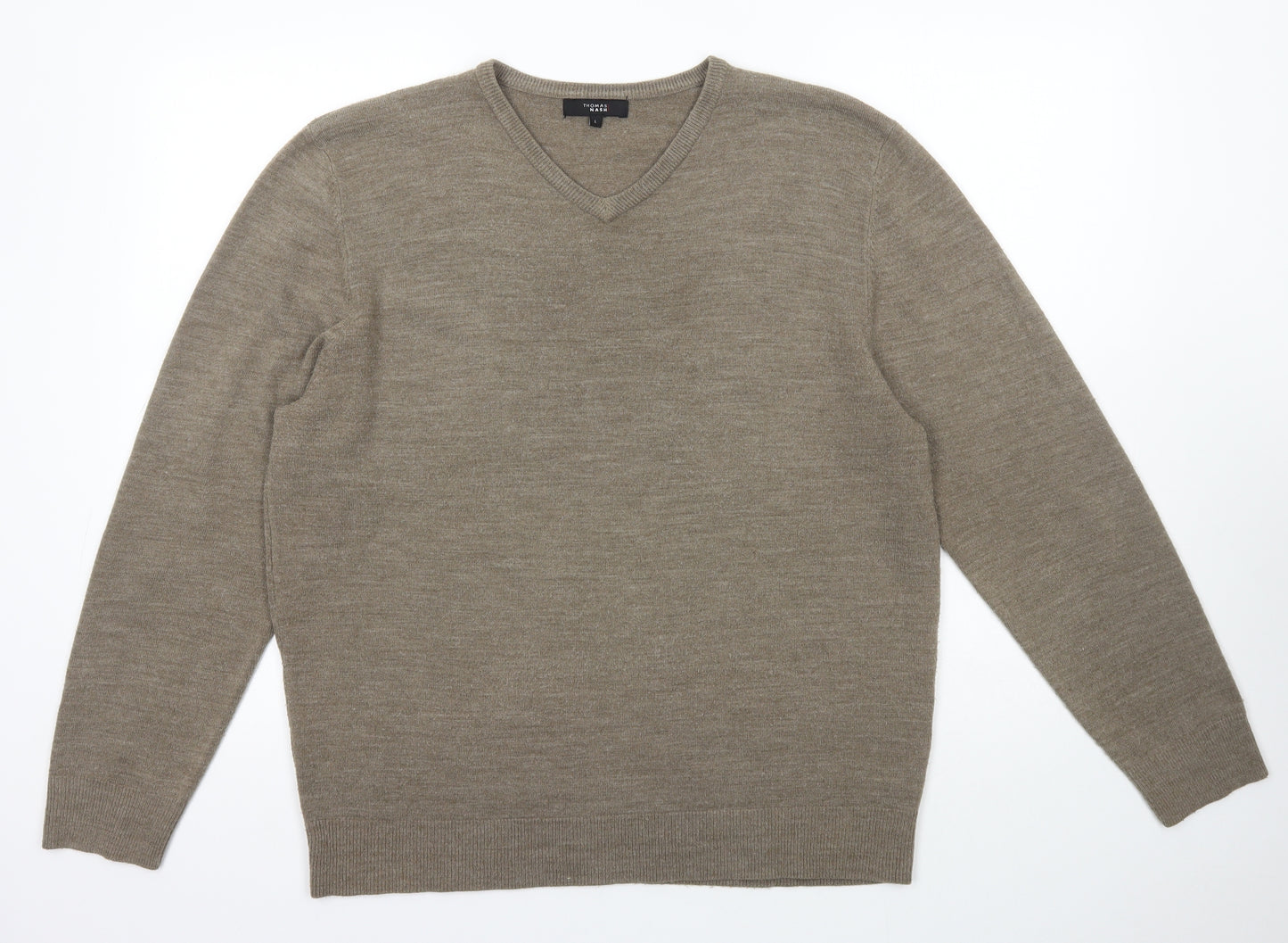 Thomas Nash Mens Brown V-Neck  Acrylic Pullover Jumper Size L