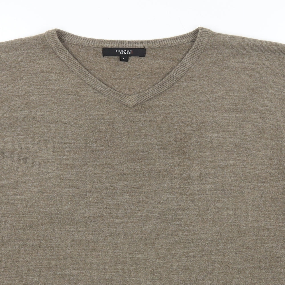 Thomas Nash Mens Brown V-Neck  Acrylic Pullover Jumper Size L