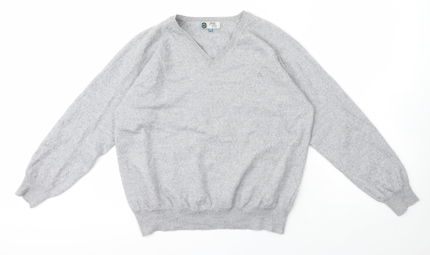 Vintage King Mens Grey V-Neck  Wool Pullover Jumper Size 2XL