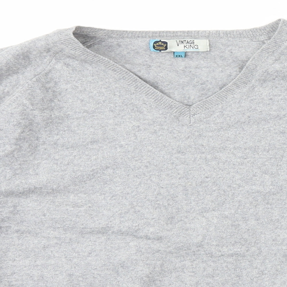 Vintage King Mens Grey V-Neck  Wool Pullover Jumper Size 2XL