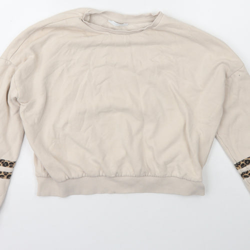 Marks and Spencer Girls Beige Scoop Neck Animal Print Cotton Pullover Jumper Size 12-13 Years