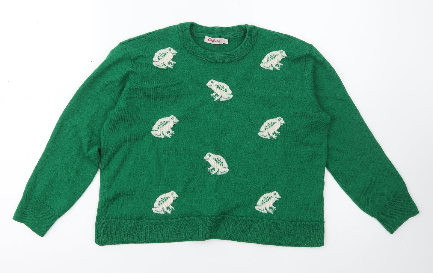 Cath Kidston Girls Green Crew Neck Animal Print Wool Pullover Jumper Size M   - Frogs