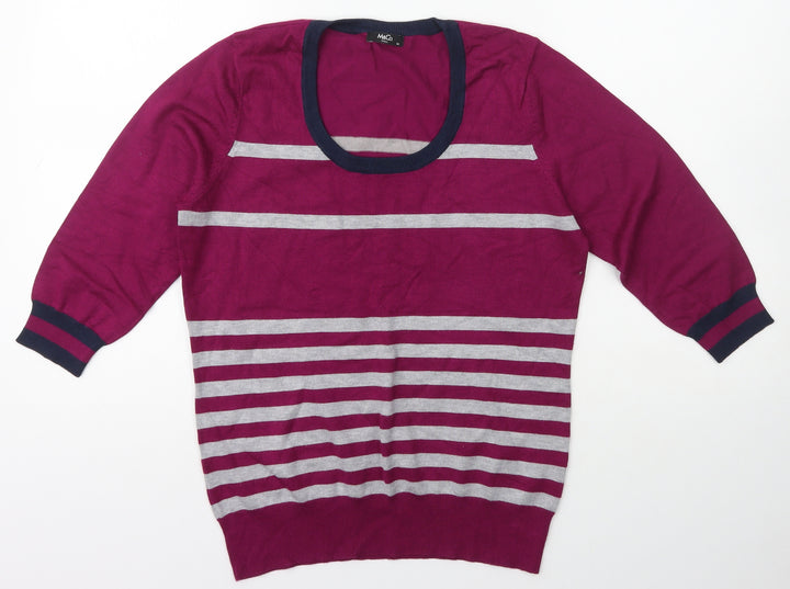 M&Co. Womens Purple Scoop Neck Striped Viscose Pullover Jumper Size M