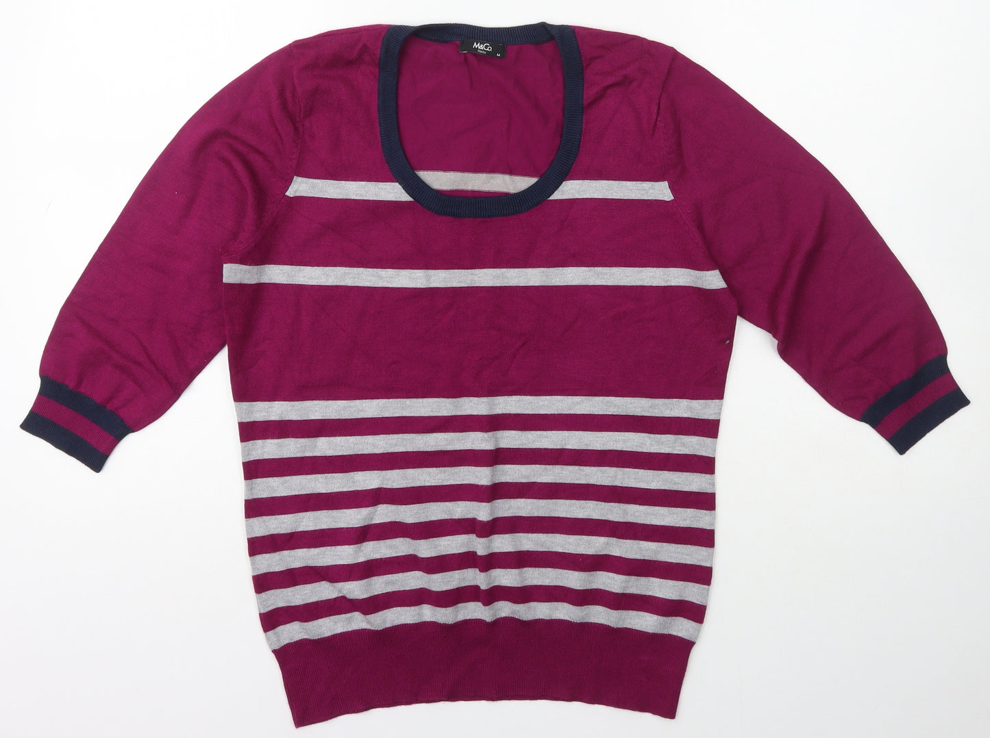 M&Co. Womens Purple Scoop Neck Striped Viscose Pullover Jumper Size M