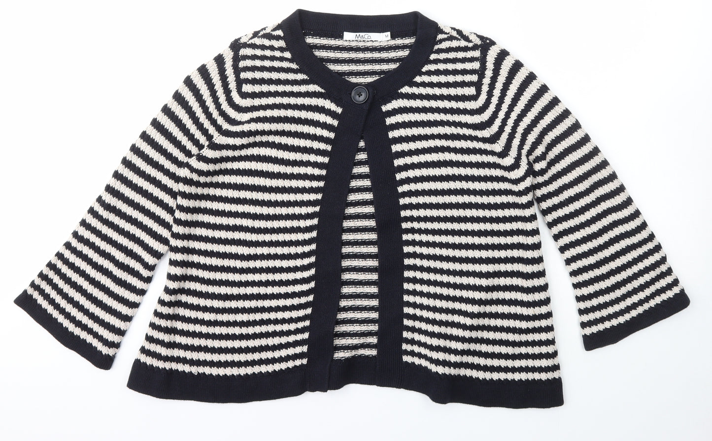 M&Co. Womens Blue Scoop Neck Striped Cotton Cardigan Jumper Size M