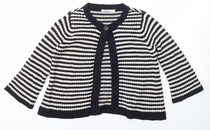 M&Co. Womens Blue Scoop Neck Striped Cotton Cardigan Jumper Size M