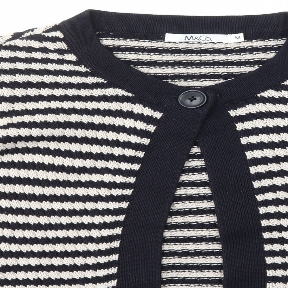 M&Co. Womens Blue Scoop Neck Striped Cotton Cardigan Jumper Size M