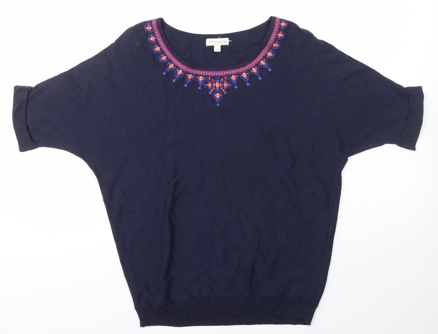 Monsoon Womens Blue Scoop Neck Floral Cotton Pullover Jumper Size M