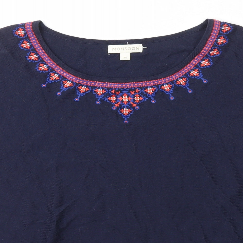 Monsoon Womens Blue Scoop Neck Floral Cotton Pullover Jumper Size M
