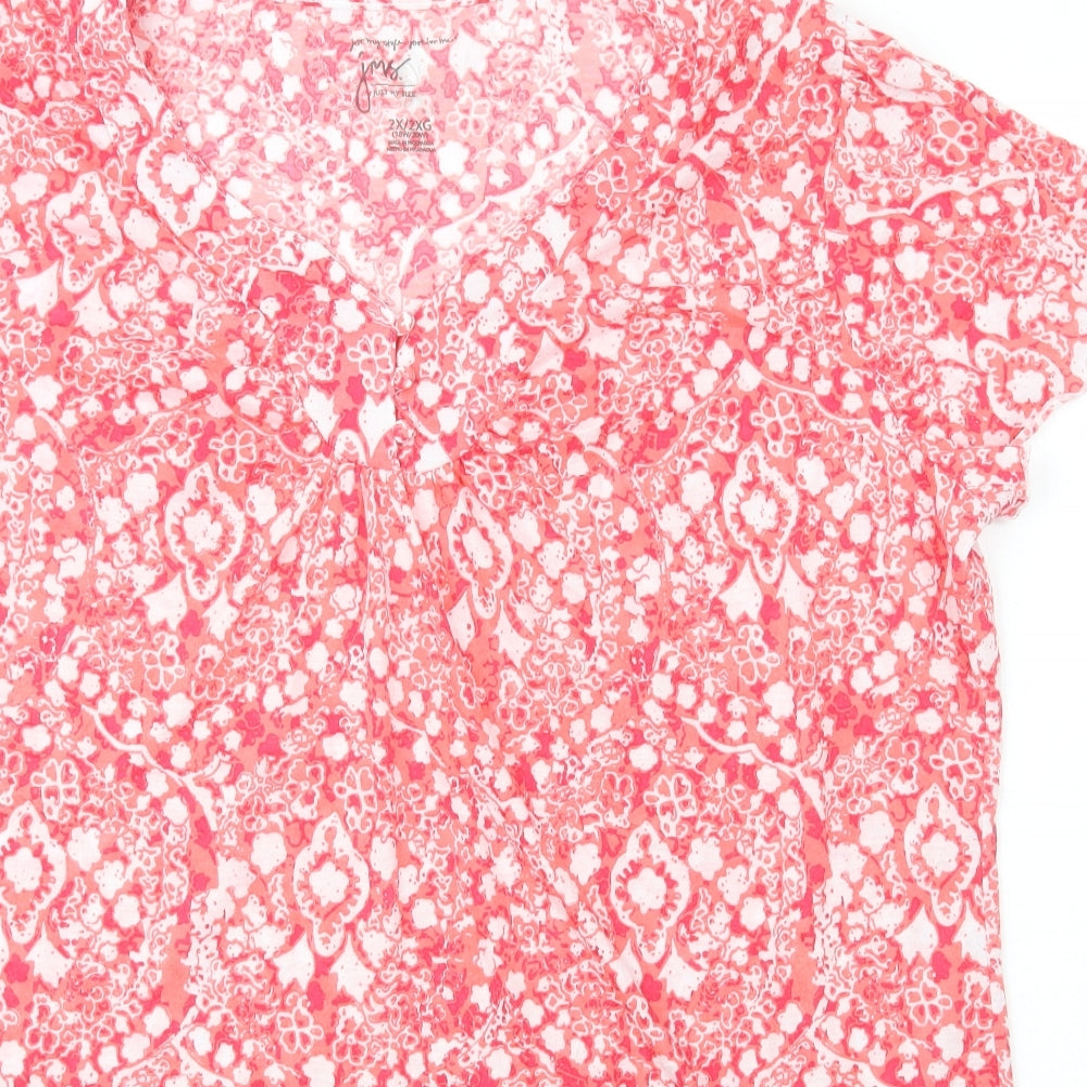 Just My Size Womens Pink Floral Polyester Basic T-Shirt Size 2XL V-Neck