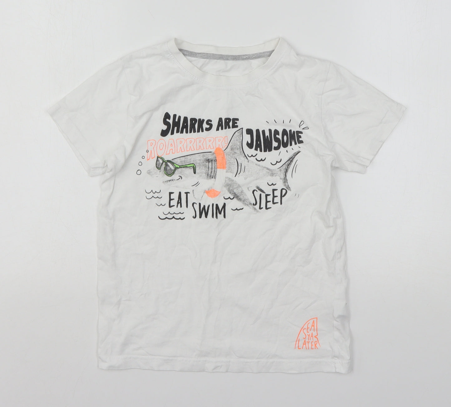 Dunnes Stores Boys White Geometric Cotton Basic T-Shirt Size 9-10 Years Round Neck  - Shark