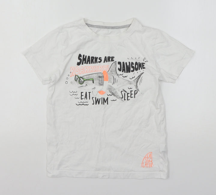 Dunnes Stores Boys White Geometric Cotton Basic T-Shirt Size 9-10 Years Round Neck  - Shark